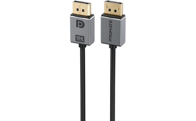 Promate DisplayPort 2.0 Cable, Premium Ultra HD 16K@60Hz Video Display Cord with 80Gbps Bandwidth Transmission, Gold Plated Connectors, 2m Super Slim Cable - Black